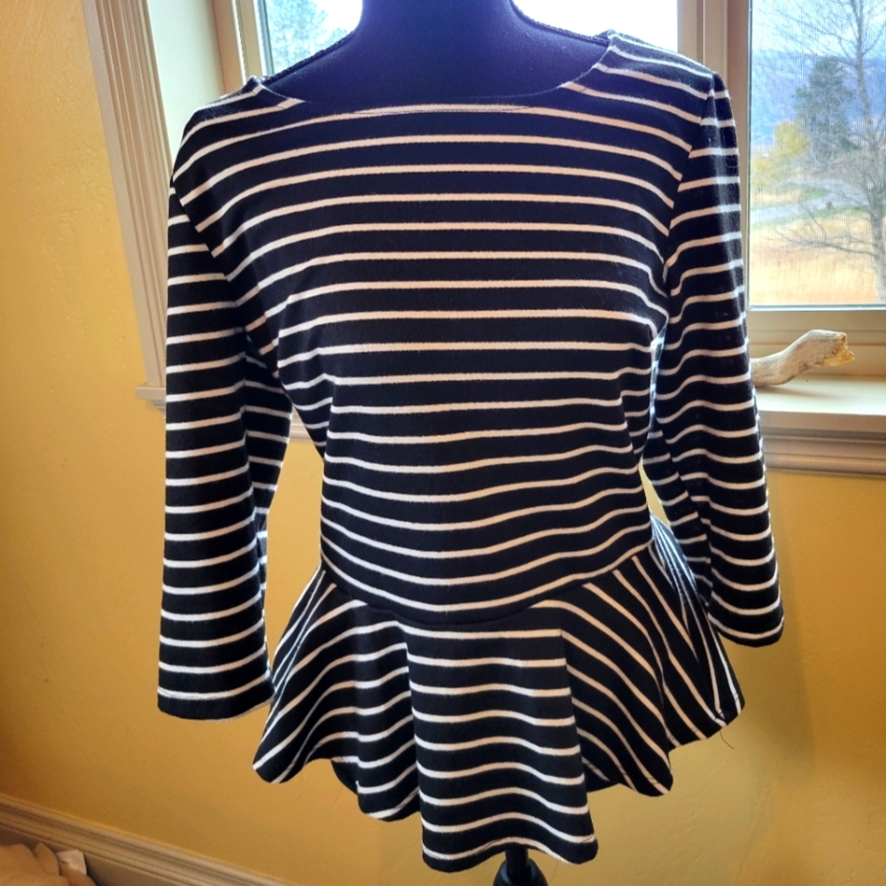 Bobeau Black and White Stripe Print Peplum Top size Med